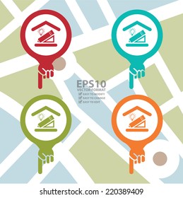 Vector : Colorful Map Pointer Icon With Interior Design Service or Building Construction Service Sign in POI Map Background