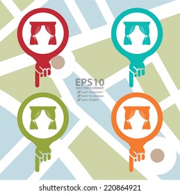 Vector : Colorful Map Pointer Icon With Curtain Shop, Cinema, Opera House or Movie Theater Sign in POI Map Background