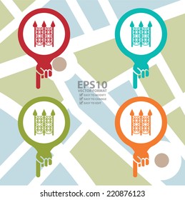 Vector : Colorful Map Pointer Icon With Curved Steel Service Sign in POI Map Background