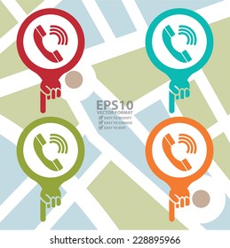Vector : Colorful Map Pointer Icon With Telephone Box, Telephone Booth or Call Center Service Sign in POI Map Background