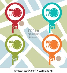 Vector : Colorful Map Pointer Icon With Food Center, Food Court, Cafeteria, Canteen or Restaurant Sign in POI Map Background