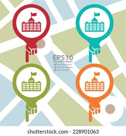 Vector : Colorful Map Pointer Icon With Official Place, Immigration Bureau, Embassy, Consulate, School or University Sign in POI Map Background