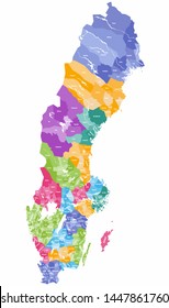 vector colorful map of Sweden municipalities colored by counties