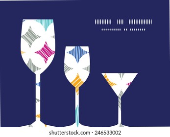 Vector colorful marble textured tiles three wine glasses silhouettes pattern frame