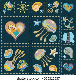 Vector Colorful Marine Seamless Pattern. Sea Patchwork