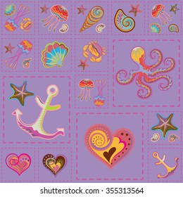 Vector Colorful Marine Seamless Pattern. Sea Patchwork
