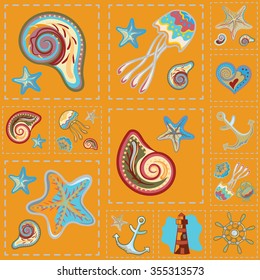 Vector Colorful Marine Seamless Pattern. Sea Patchwork