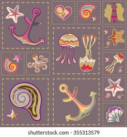 Vector Colorful Marine Seamless Pattern. Sea Patchwork