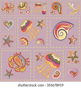 Vector Colorful Marine Seamless Pattern. Sea Patchwork