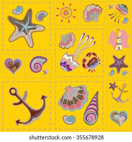 Vector Colorful Marine Seamless Pattern. Sea Patchwork