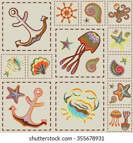 Vector Colorful Marine Seamless Pattern. Sea Patchwork