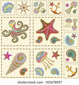 Vector Colorful Marine Seamless Pattern. Sea Patchwork