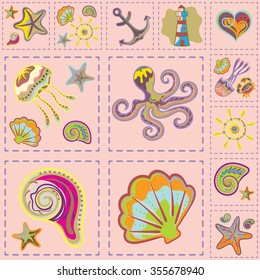 Vector Colorful Marine Seamless Pattern. Sea Patchwork
