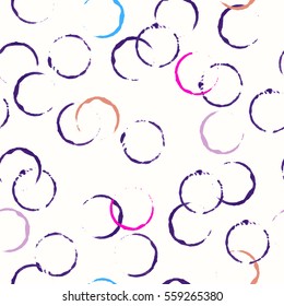 Vector Colorful mark making inspiration with graphic circles surface seamless pattern design in pink, blue violet and gold colors