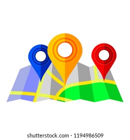 Vector Colorful Markers Pointer with Paper Road Map. GPS Navigator Location Icon.