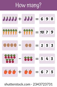 Vector colorful math worksheets, addition, subtraction, and mathematical games. Ideal for early child development, preschool education. Vegetables and fruits mathematic lists. Counting how many game.