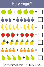 Vector colorful math worksheets, addition, subtraction, and mathematical games. Ideal for early child development, preschool education. Vegetables and fruits mathematic lists. Counting how many game.
