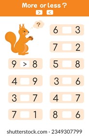 Vector colorful math worksheets, useful mathematical games for school and kindergarten. Ideal for early child development, preschool education. Counting. More, equal, less game. Math page.