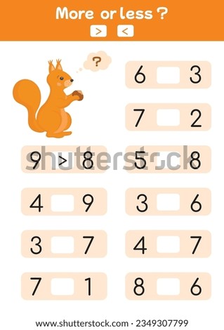 Vector colorful math worksheets, useful mathematical games for school and kindergarten. Ideal for early child development, preschool education. Counting. More, equal, less game. Math page.