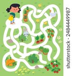 Vector colorful maze, labyrinth for children with cartoon garden. Kids maze with way passing through the farm with vegetables. Puzzle game. The girl is watering the strawberry beds.