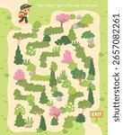 Vector colorful maze, labyrinth for children with green cartoon garden. Kids maze with way passing through the park with trees. Puzzle game. 