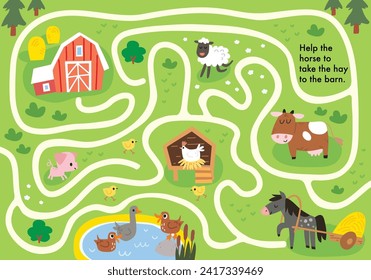 Vector colorful maze, labyrinth for children with cartoon animal characters, country background, farm, pets. Kids maze with way passing through countryside background. Puzzle game.