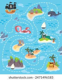 Vector colorful maze, labyrinth for children with cartoon map, treasure island, pirate ship. Kids maze with way passing through the sea. Puzzle game.