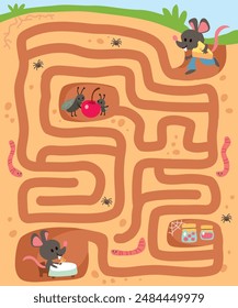 Vector colorful maze, labyrinth for children with cartoon mouses and their hole. Kids maze with way passing through the holes. Puzzle game.