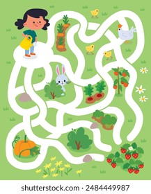 Vector colorido laberinto, laberinto para niños con jardín de dibujos animados. Los niños laberinan con paso a través de la granja con verduras. Juego de puzzle. La chica está regando las camas de fresas.