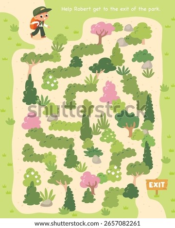 Vector colorful maze, labyrinth for children with green cartoon garden. Kids maze with way passing through the park with trees. Puzzle game. 