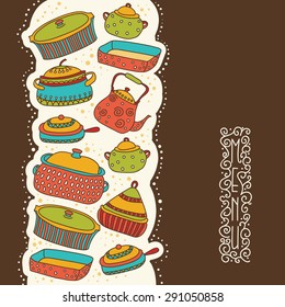 vector  colorful menu cover with teapot, saucepans. 
It can be used for card, postcard, cover, invitation,  birthday card.