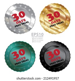 Vector : Colorful Metallic 30 Days Free Trial Label, Sign, Sticker or Icon Isolated on White Background 