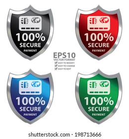 Vector : Colorful Metallic Shield With 100 Percent Secure Payment Sign Isolated on White Background