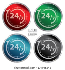 Vector : Colorful Metallic Style 24/7 Icon, Button or Label for Work Hour, Customer Service, Support or CRM Concept Isolated on White Background 