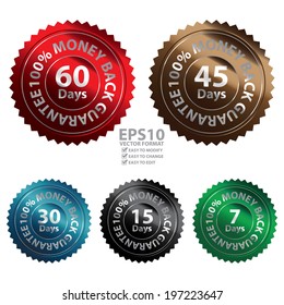 Vector : Colorful Metallic Style 7-60 Days 100 Percent Money Back Guarantee Badge, Icon, Label or Sticker Isolated on White Background 