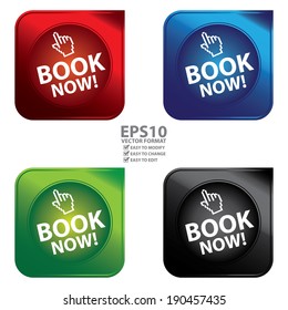 Vector : Colorful Metallic Style Book Now Icon, Button or Label Isolated on White Background