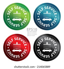 Vector : Colorful Metallic Style Circle Self Service Car Wash Station Icon, Button, Sticker or Label Isolated on White Background 