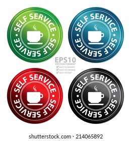 Vector : Colorful Metallic Style Circle Self Service Coffee or Drink Station Icon, Button, Sticker or Label Isolated on White Background 