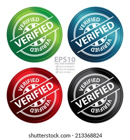 Vector : Colorful Metallic Style Verified Icon, Badge, Label or Sticker for Quality Management Systems, Quality Assurance and Quality Control Concept Isolated on White Background