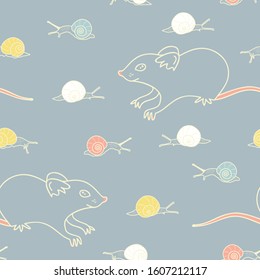 Vector Colorful Mice and Snails Line art on Blue seamless pattern background.