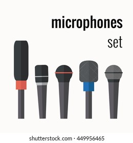 Vector colorful microphones vector icons. Audio technology equipment design elements. Electronic and recorder microphone icons flat. Flat style audio technology equipment  microphones illustration. 