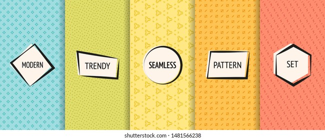 Vector colorful minimal seamless patterns set. Collection of cute modern minimalist geometric textures with small elements, dots, flowers, triangles. Abstract background swatches with modern stickers