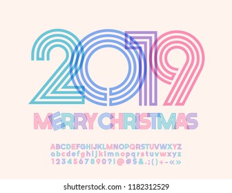 Vector Colorful Modern Greeting Card 2019 Merry Christmas. 
Abstract Tube Alphabet Letters, Numbers and Symbols