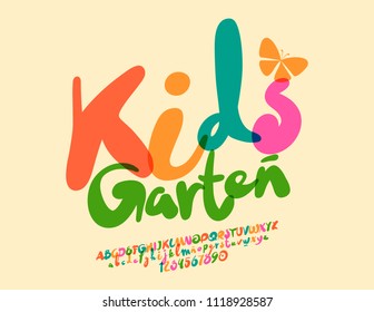 Vector Colorful Modern Poster Kids Garten. Handwritten Font With Graphic Style. Alphabet Letters, Numbers And Symbols For Children