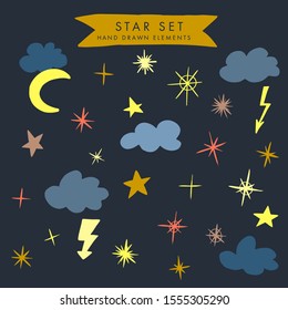 Vector colorful modern set with hand draw llustrations of night sky, stars, clouds. Can be used as elemets for your design for greeting cards, nursery, poster, card, birthday party, packaging paper