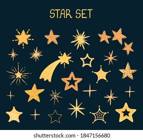 Vector colorful modern set with hand draw llustrations of star shape, stickers. Use it for your design for greeting cards, nursery, poster, card, birthday party, packaging paper design, baby t-shirts 