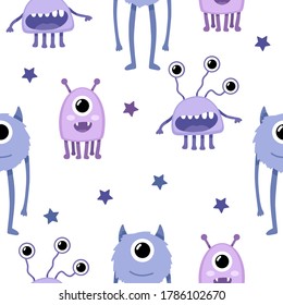 Vector colorful monster pattern, cute textile design, funny cartoon design, cheerful alien decor