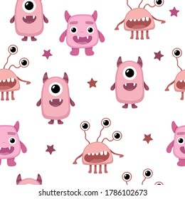 Vector colorful monster pattern, cute textile design, funny cartoon design, cheerful alien decor