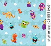 Vector Colorful Monster Pattern on Starry Background  with stars and various colorful, friendly monsters, including an orange one-eyed monster, a small red dinosaur, and ot