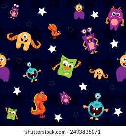 Vector Colorful Monster Pattern on Starry Background Dark starry background with white stars and various colorful, friendly monsters, including an orange one-eyed monster, a small red dinosaur, and ot